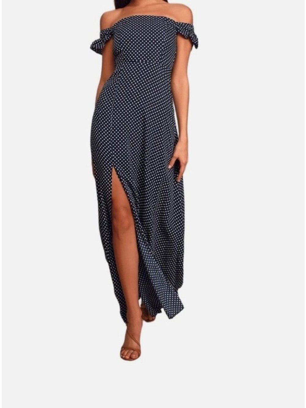 Lulus Dream Love Navy Blue Polka Dot Off the Shoulder Maxi Sundress Size Large - Picture 3 of 12
